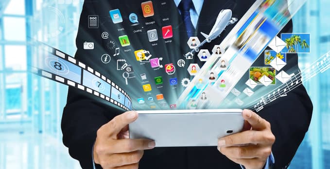 A businessman accessing internet and information